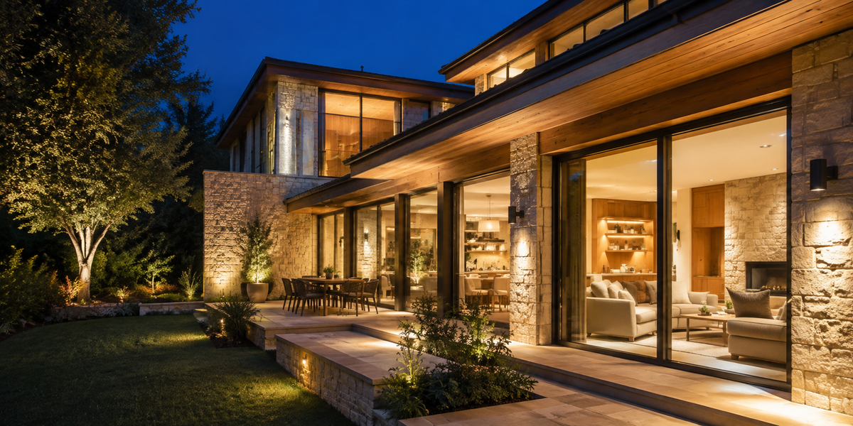 Maison contemporaine éclairée à la tombée de la nuit