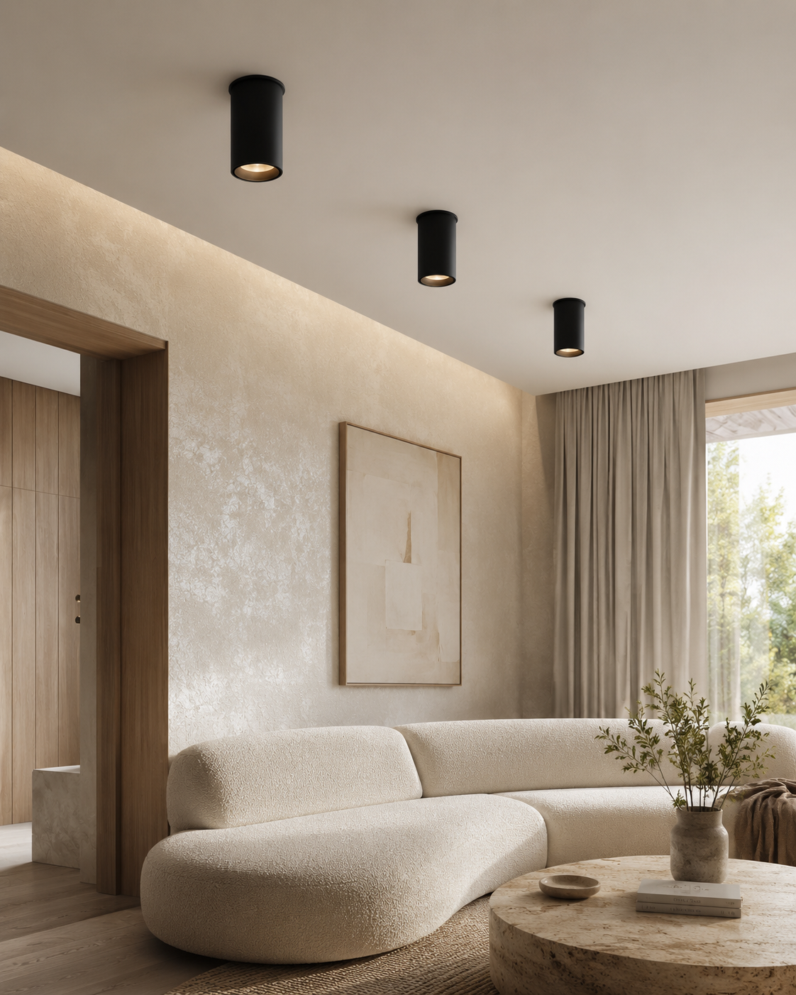 Spots cylindriques noirs dans un salon contemporain